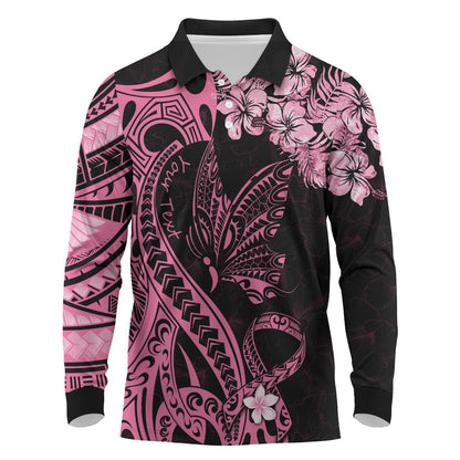 Personalised Polynesian Floral Butterfly Long Sleeve Polo Shirt Breast Cancer Support Pink Ribbon