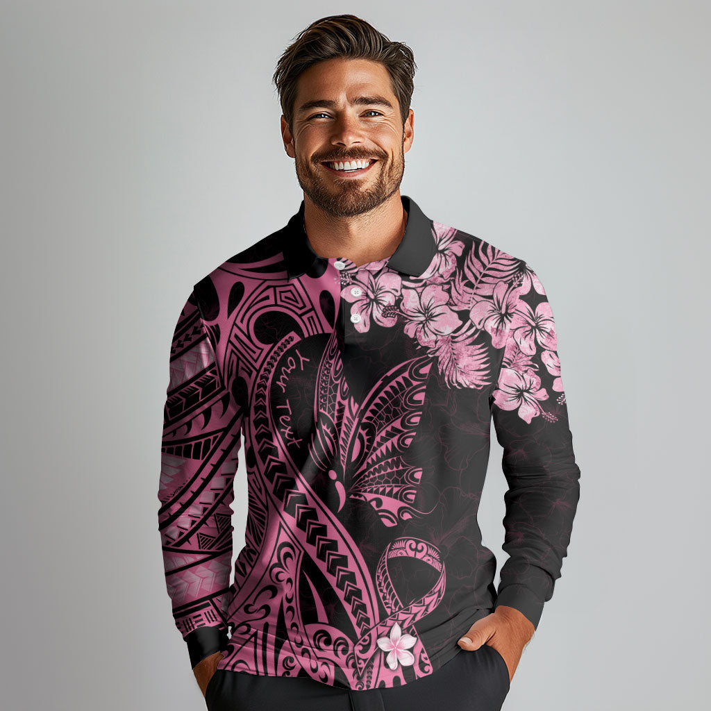 Personalised Polynesian Floral Butterfly Long Sleeve Polo Shirt Breast Cancer Support Pink Ribbon