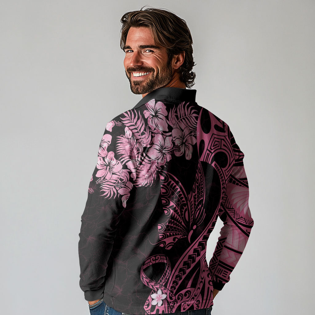 Personalised Polynesian Floral Butterfly Long Sleeve Polo Shirt Breast Cancer Support Pink Ribbon