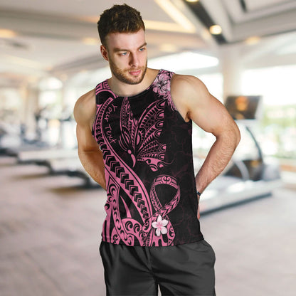 Personalised Polynesian Floral Butterfly Men Tank Top Breast Cancer Support Pink Ribbon