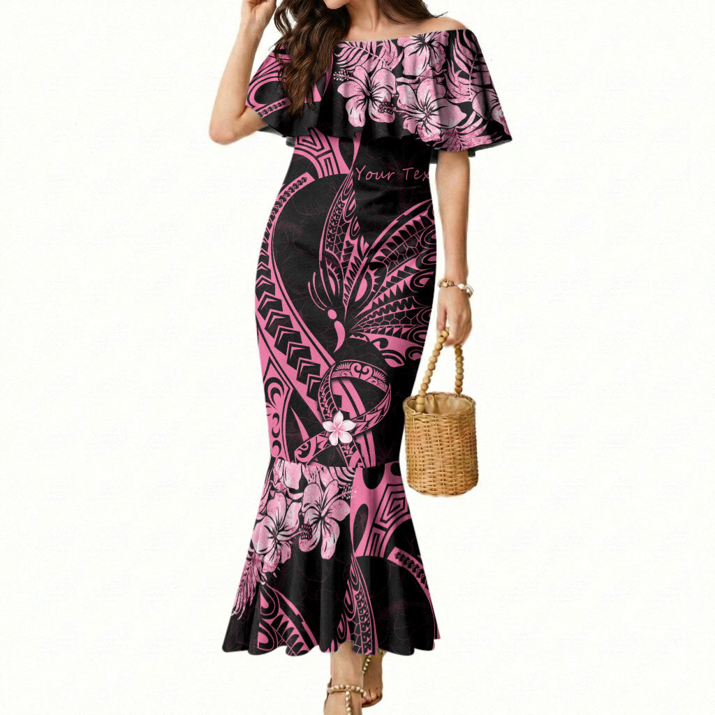 Personalised Polynesian Floral Butterfly Mermaid Dress Breast Cancer Support Pink Ribbon