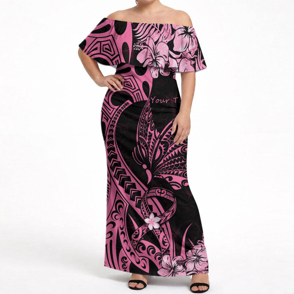 Personalised Polynesian Floral Butterfly Off Shoulder Maxi Dress Breast Cancer Support Pink Ribbon