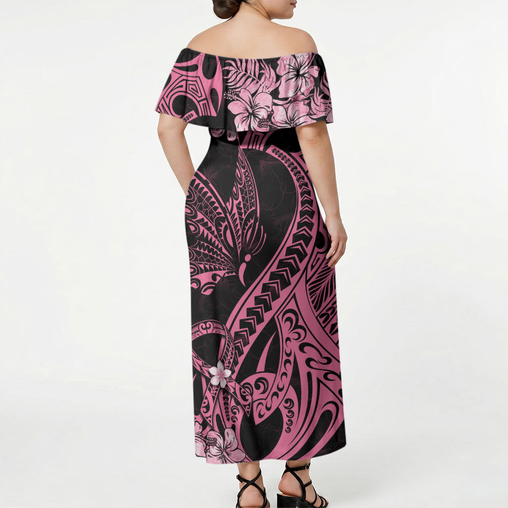 Personalised Polynesian Floral Butterfly Off Shoulder Maxi Dress Breast Cancer Support Pink Ribbon