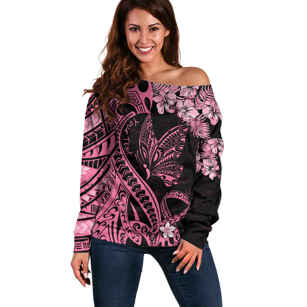 Personalised Polynesian Floral Butterfly Off Shoulder Sweater Breast Cancer Support Pink Ribbon