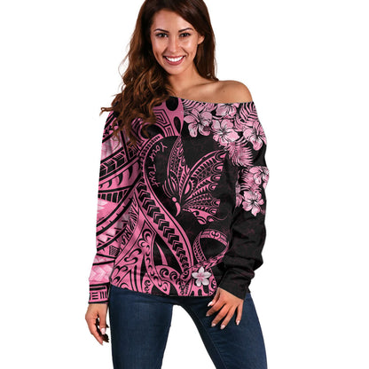 Personalised Polynesian Floral Butterfly Off Shoulder Sweater Breast Cancer Support Pink Ribbon