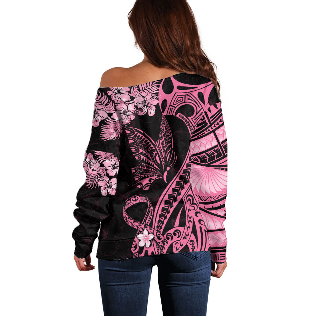 Personalised Polynesian Floral Butterfly Off Shoulder Sweater Breast Cancer Support Pink Ribbon