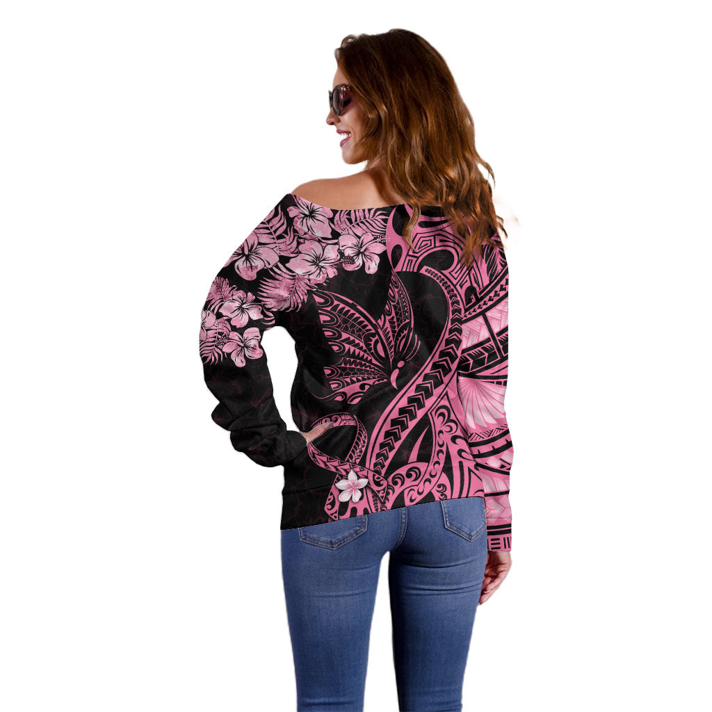 Personalised Polynesian Floral Butterfly Off Shoulder Sweater Breast Cancer Support Pink Ribbon