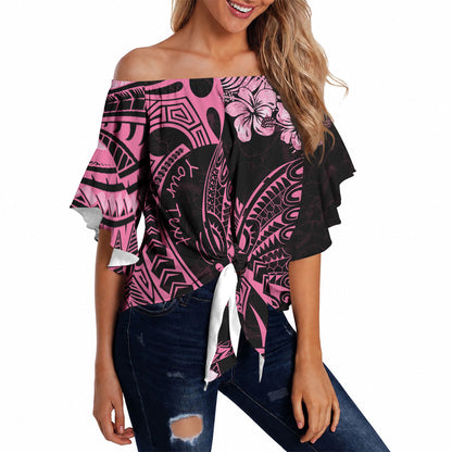 Personalised Polynesian Floral Butterfly Off Shoulder Wrap Waist Top Breast Cancer Support Pink Ribbon