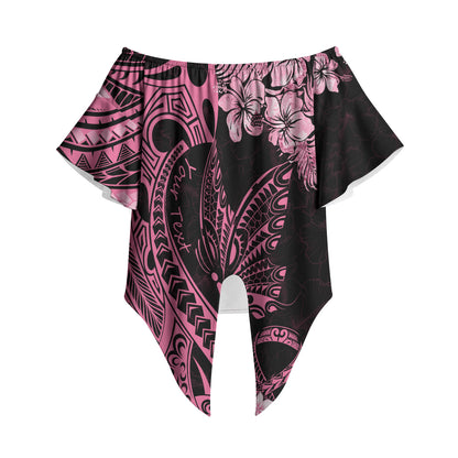 Personalised Polynesian Floral Butterfly Off Shoulder Wrap Waist Top Breast Cancer Support Pink Ribbon