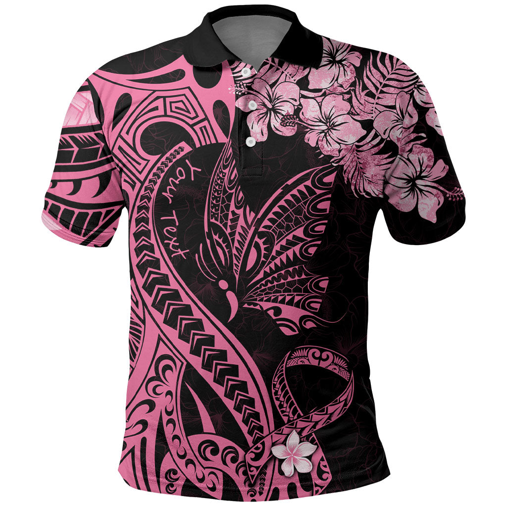 Personalised Polynesian Floral Butterfly Polo Shirt Breast Cancer Support Pink Ribbon
