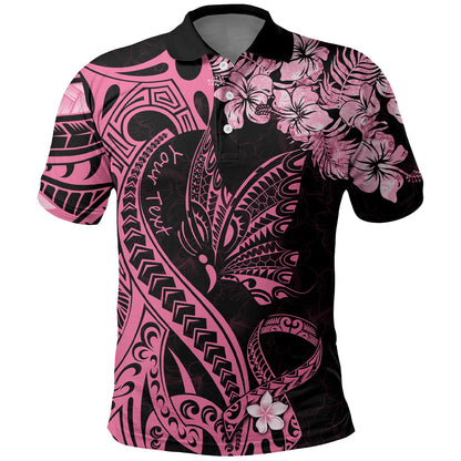 Personalised Polynesian Floral Butterfly Polo Shirt Breast Cancer Support Pink Ribbon
