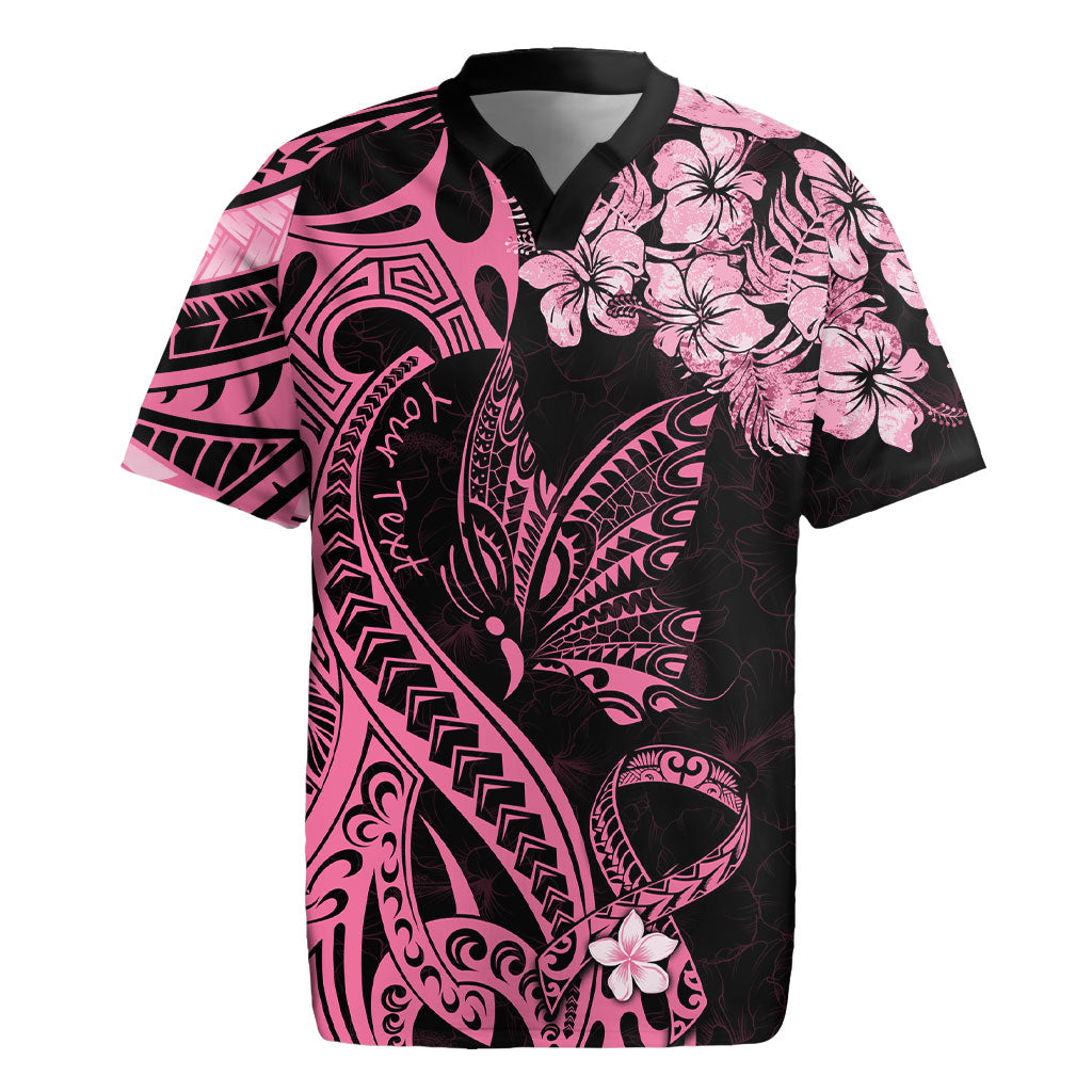Personalised Polynesian Floral Butterfly Rugby Jersey Breast Cancer Support Pink Ribbon
