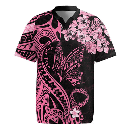 Personalised Polynesian Floral Butterfly Rugby Jersey Breast Cancer Support Pink Ribbon