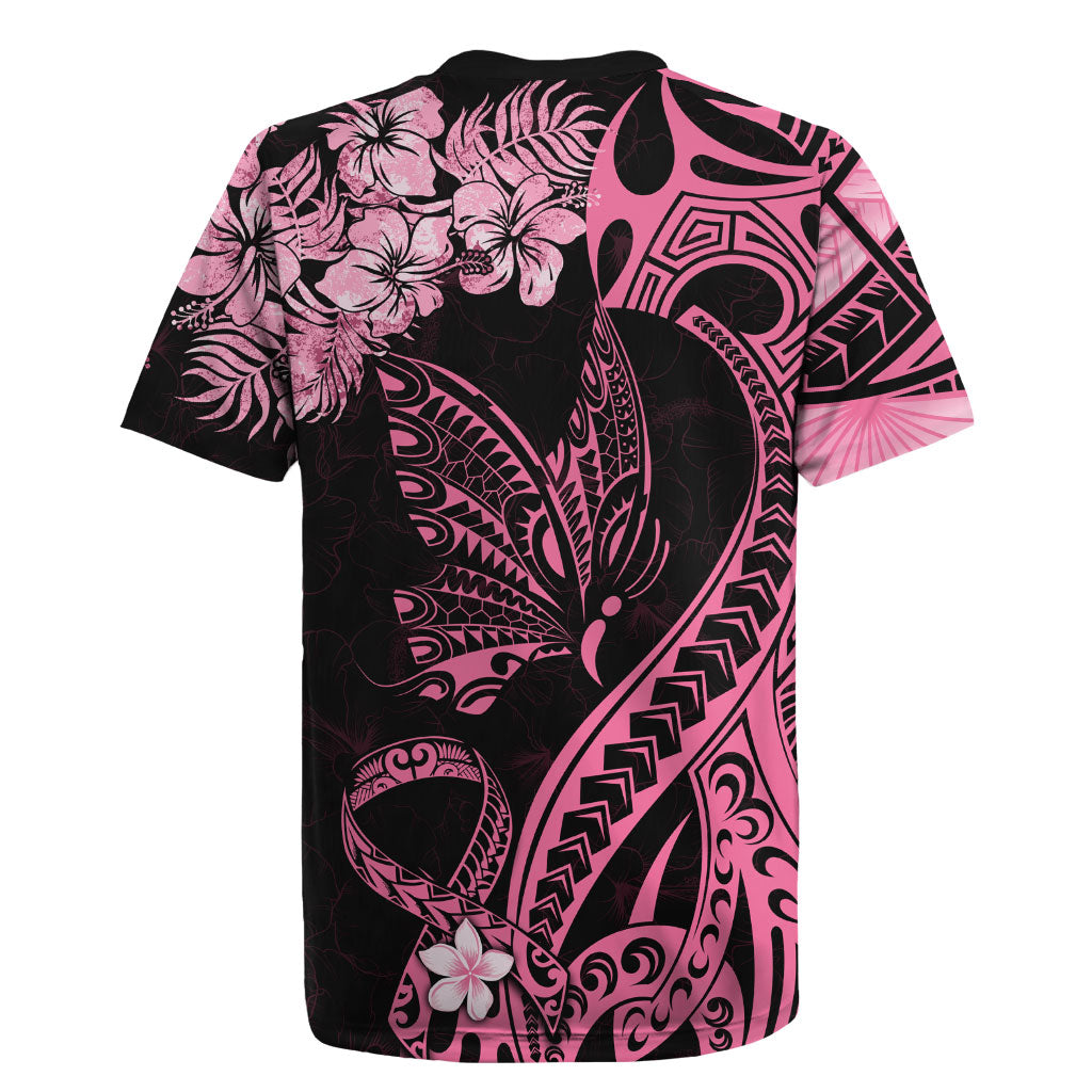 Personalised Polynesian Floral Butterfly Rugby Jersey Breast Cancer Support Pink Ribbon