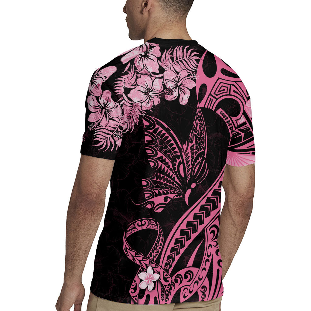 Personalised Polynesian Floral Butterfly Rugby Jersey Breast Cancer Support Pink Ribbon