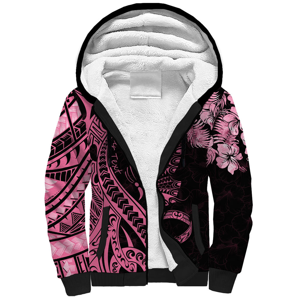 Personalised Polynesian Floral Butterfly Sherpa Hoodie Breast Cancer Support Pink Ribbon