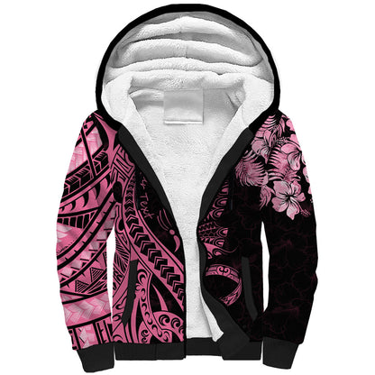 Personalised Polynesian Floral Butterfly Sherpa Hoodie Breast Cancer Support Pink Ribbon