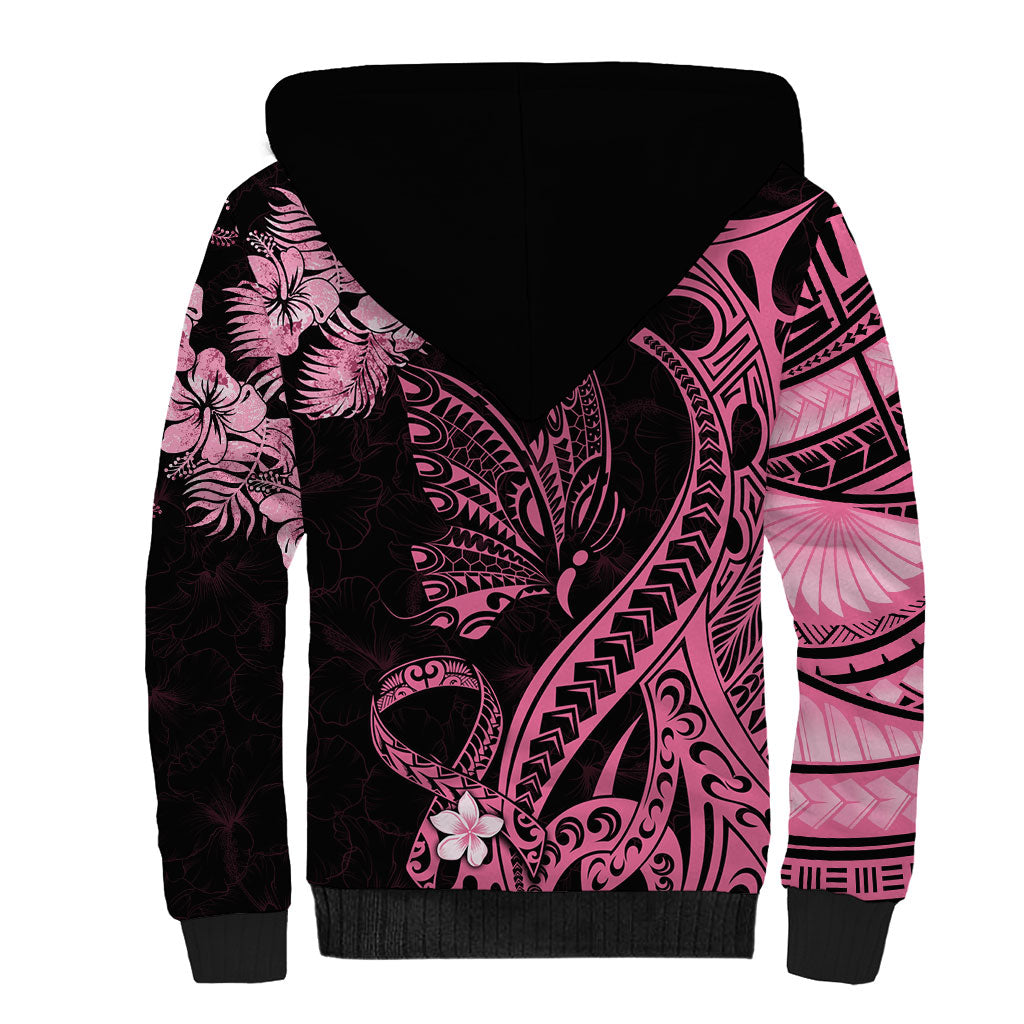 Personalised Polynesian Floral Butterfly Sherpa Hoodie Breast Cancer Support Pink Ribbon