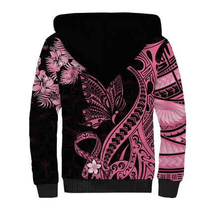 Personalised Polynesian Floral Butterfly Sherpa Hoodie Breast Cancer Support Pink Ribbon