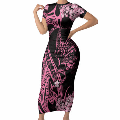 Personalised Polynesian Floral Butterfly Short Sleeve Bodycon Dress Breast Cancer Support Pink Ribbon