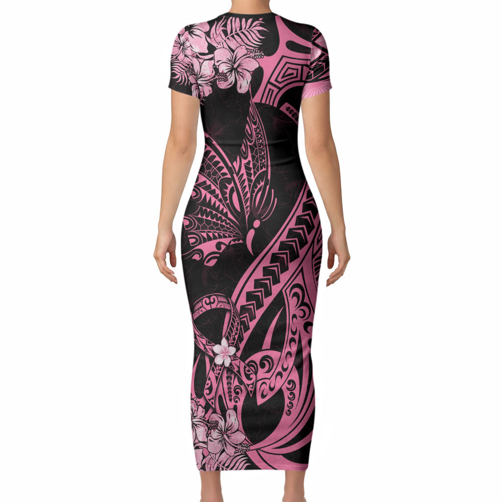 Personalised Polynesian Floral Butterfly Short Sleeve Bodycon Dress Breast Cancer Support Pink Ribbon
