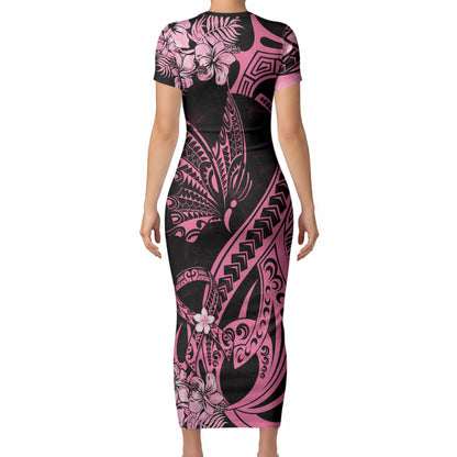Personalised Polynesian Floral Butterfly Short Sleeve Bodycon Dress Breast Cancer Support Pink Ribbon