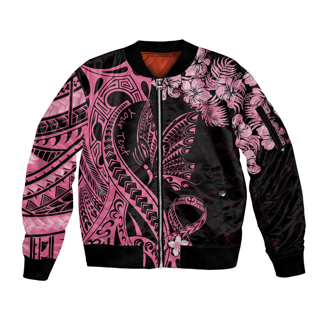 Personalised Polynesian Floral Butterfly Sleeve Zip Bomber Jacket Breast Cancer Support Pink Ribbon