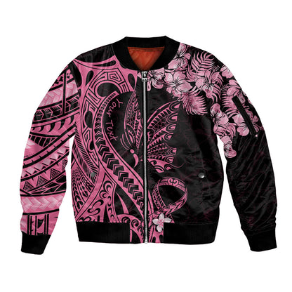 Personalised Polynesian Floral Butterfly Sleeve Zip Bomber Jacket Breast Cancer Support Pink Ribbon