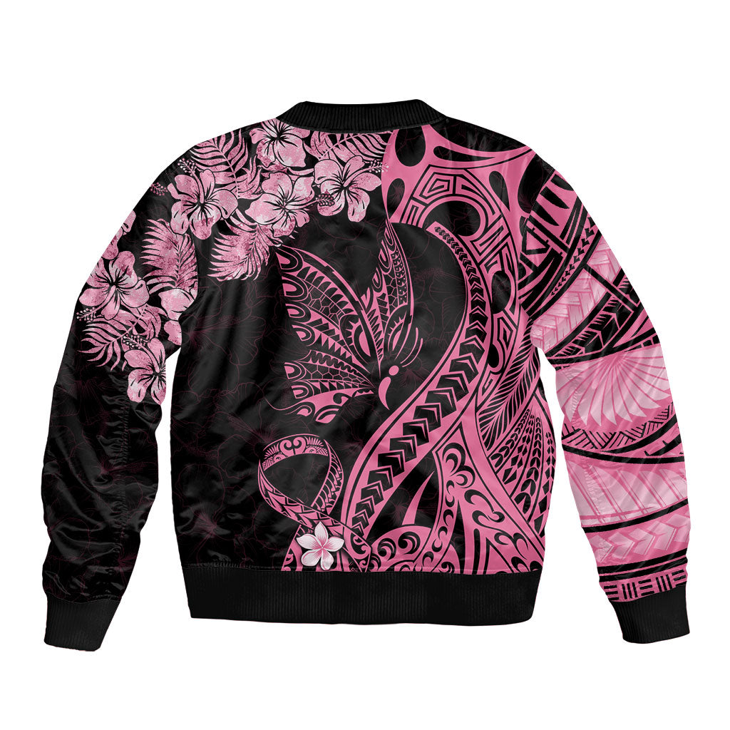 Personalised Polynesian Floral Butterfly Sleeve Zip Bomber Jacket Breast Cancer Support Pink Ribbon