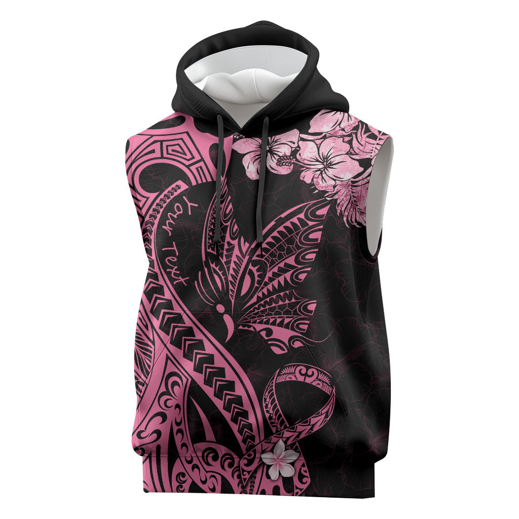 Personalised Polynesian Floral Butterfly Sleeveless Hoodie Breast Cancer Support Pink Ribbon