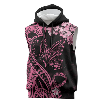 Personalised Polynesian Floral Butterfly Sleeveless Hoodie Breast Cancer Support Pink Ribbon