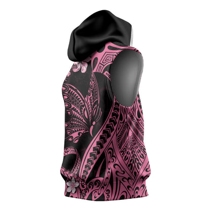 Personalised Polynesian Floral Butterfly Sleeveless Hoodie Breast Cancer Support Pink Ribbon