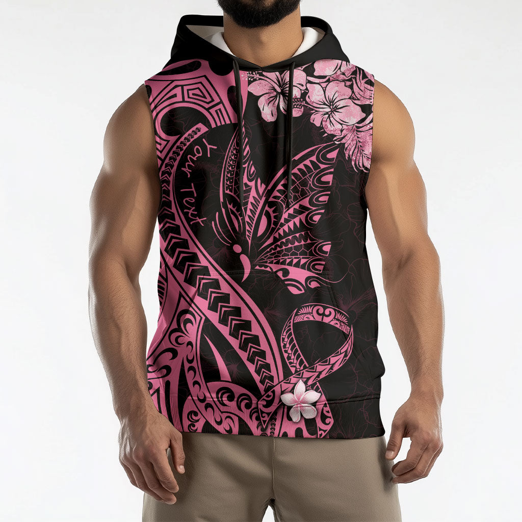 Personalised Polynesian Floral Butterfly Sleeveless Hoodie Breast Cancer Support Pink Ribbon