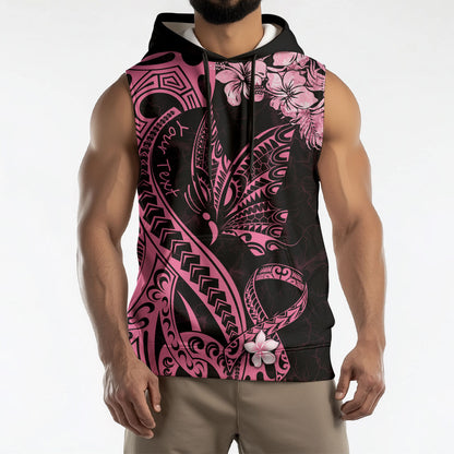 Personalised Polynesian Floral Butterfly Sleeveless Hoodie Breast Cancer Support Pink Ribbon