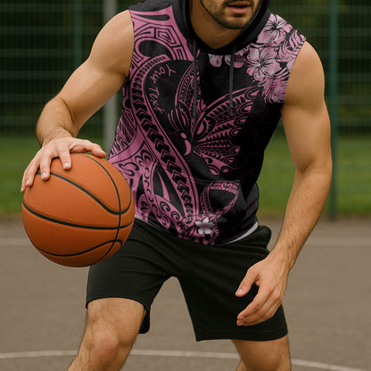 Personalised Polynesian Floral Butterfly Sleeveless Hoodie Breast Cancer Support Pink Ribbon