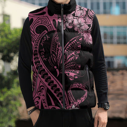Personalised Polynesian Floral Butterfly Sleeveless Puffer Jacket Breast Cancer Support Pink Ribbon