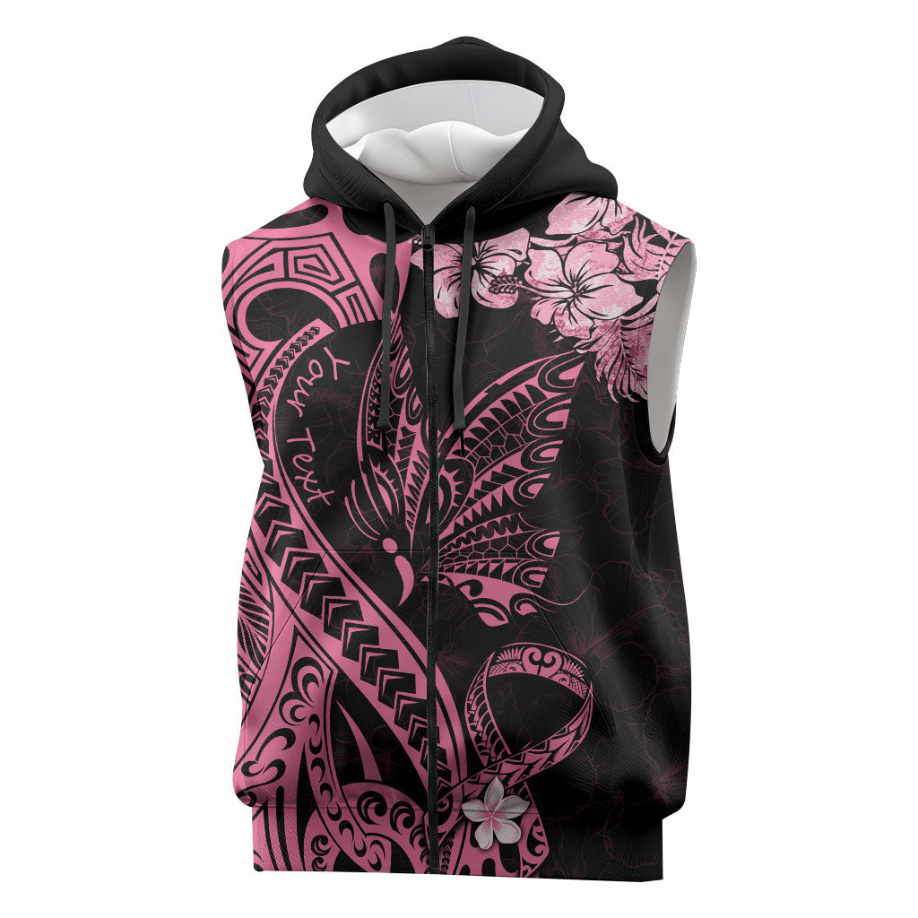 Personalised Polynesian Floral Butterfly Sleeveless Zip Hoodie Breast Cancer Support Pink Ribbon