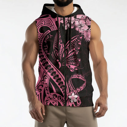 Personalised Polynesian Floral Butterfly Sleeveless Zip Hoodie Breast Cancer Support Pink Ribbon
