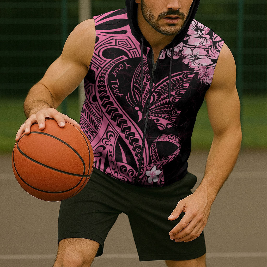 Personalised Polynesian Floral Butterfly Sleeveless Zip Hoodie Breast Cancer Support Pink Ribbon