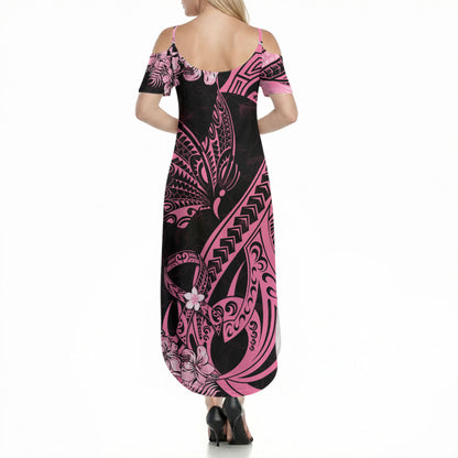 Personalised Polynesian Floral Butterfly Summer Maxi Dress Breast Cancer Support Pink Ribbon