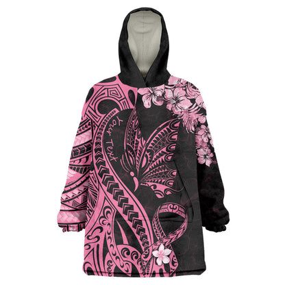 Personalised Polynesian Floral Butterfly Wearable Blanket Hoodie Breast Cancer Support Pink Ribbon