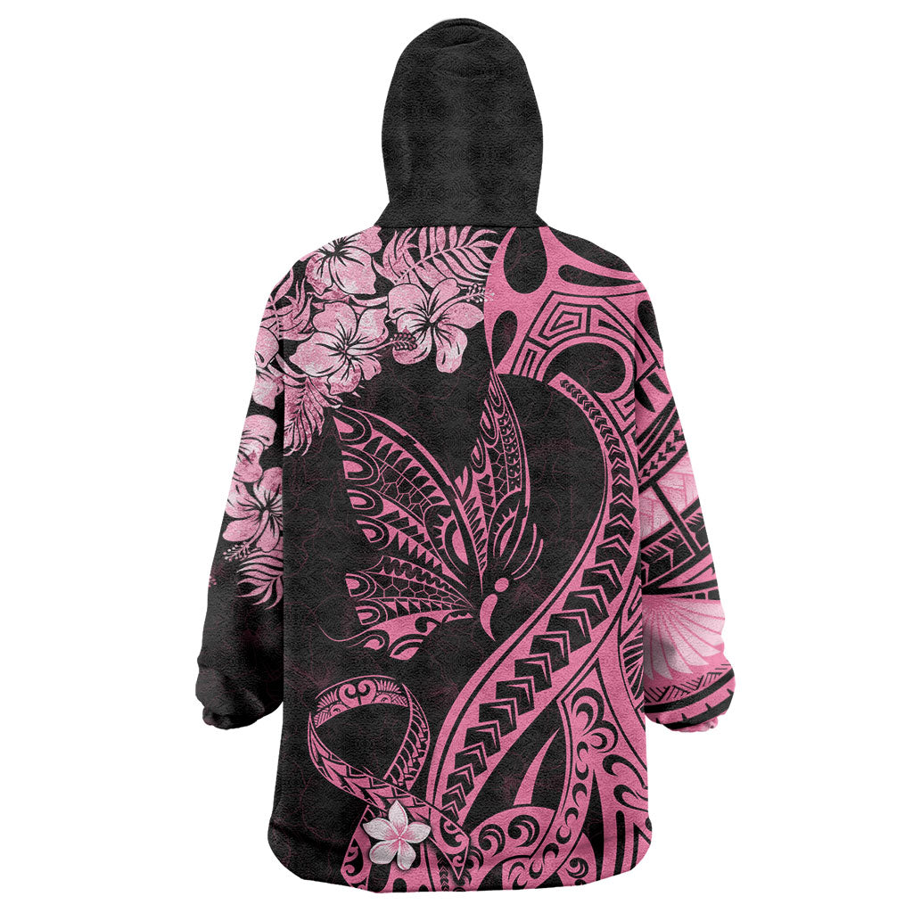 Personalised Polynesian Floral Butterfly Wearable Blanket Hoodie Breast Cancer Support Pink Ribbon