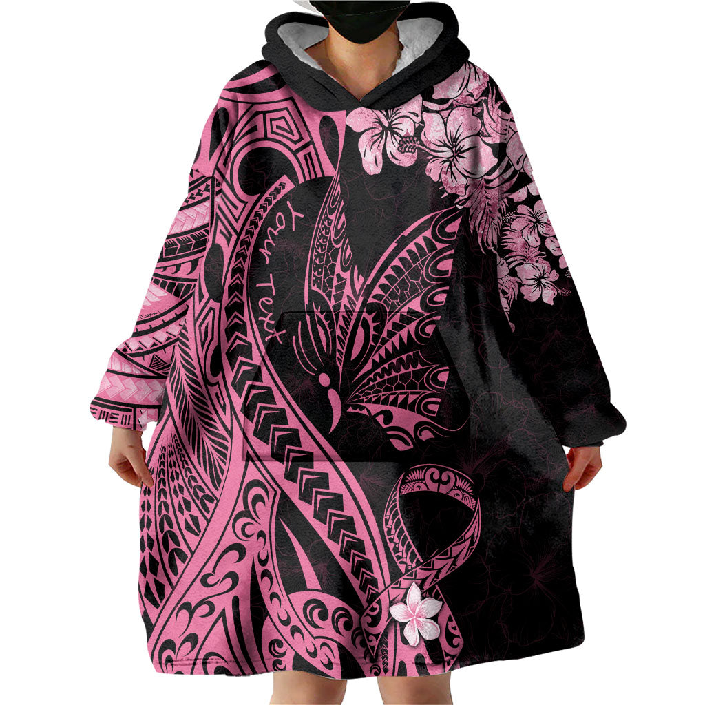 Personalised Polynesian Floral Butterfly Wearable Blanket Hoodie Breast Cancer Support Pink Ribbon