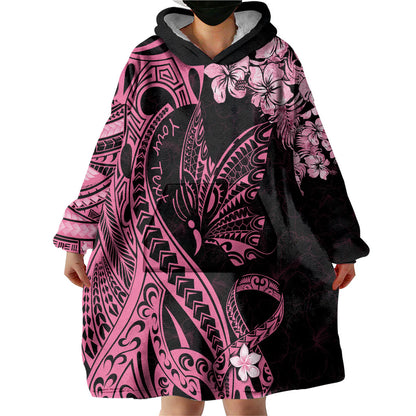 Personalised Polynesian Floral Butterfly Wearable Blanket Hoodie Breast Cancer Support Pink Ribbon