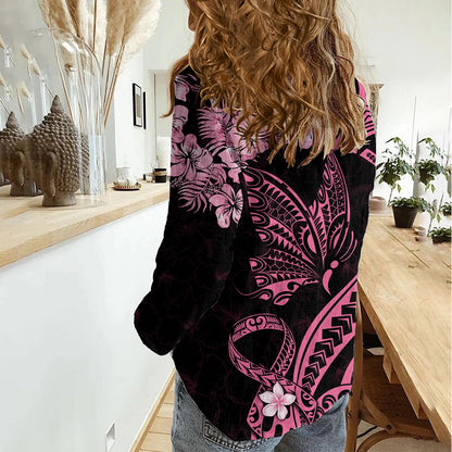 Personalised Polynesian Floral Butterfly Women Casual Shirt Breast Cancer Support Pink Ribbon