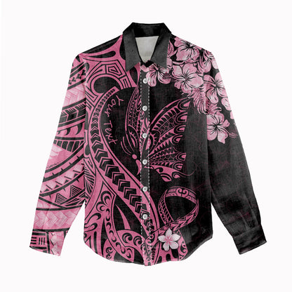 Personalised Polynesian Floral Butterfly Women Casual Shirt Breast Cancer Support Pink Ribbon