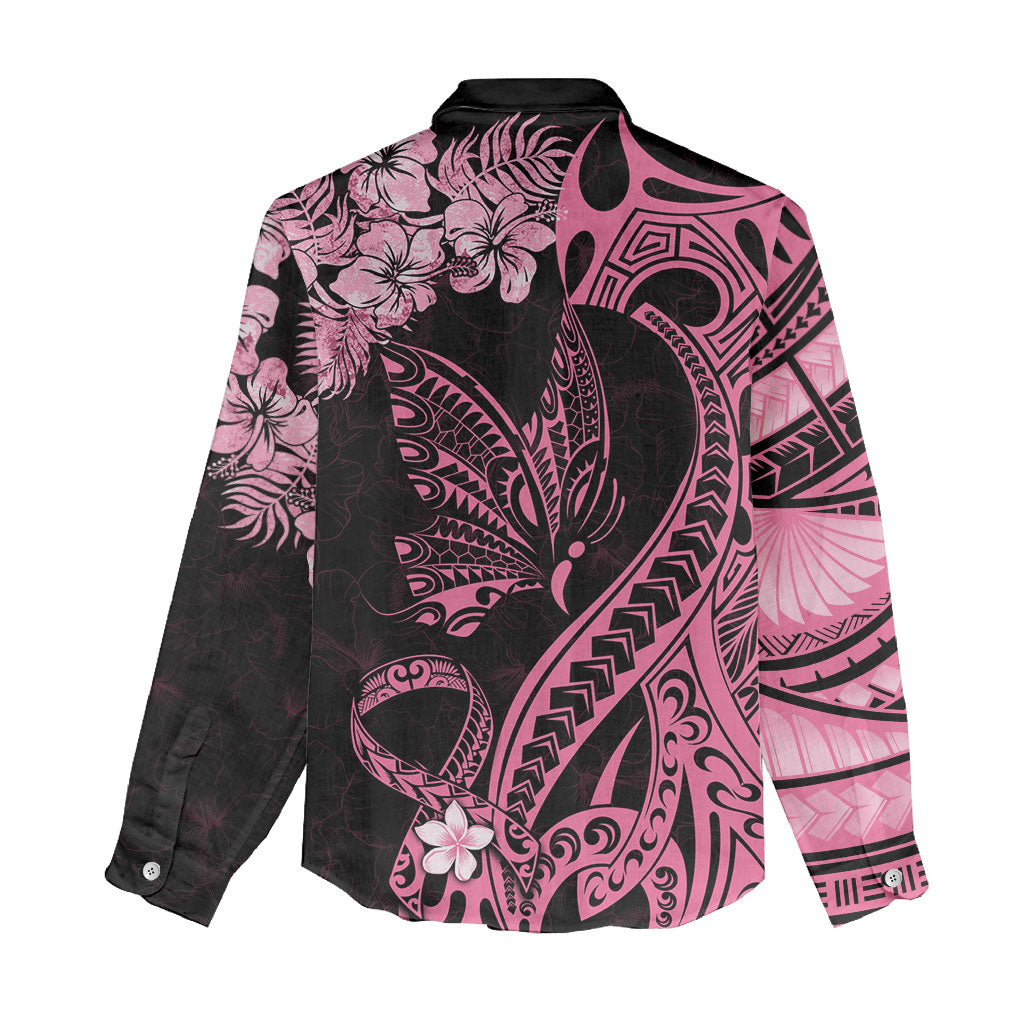 Personalised Polynesian Floral Butterfly Women Casual Shirt Breast Cancer Support Pink Ribbon