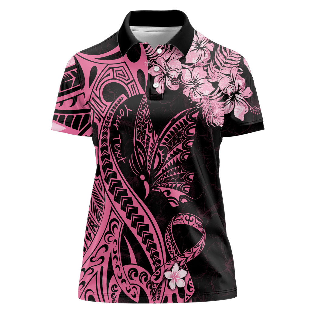 Personalised Polynesian Floral Butterfly Women Polo Shirt Breast Cancer Support Pink Ribbon