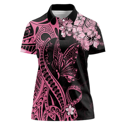 Personalised Polynesian Floral Butterfly Women Polo Shirt Breast Cancer Support Pink Ribbon