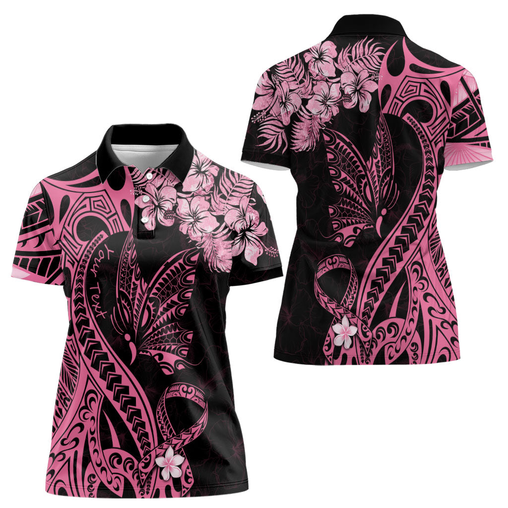 Personalised Polynesian Floral Butterfly Women Polo Shirt Breast Cancer Support Pink Ribbon